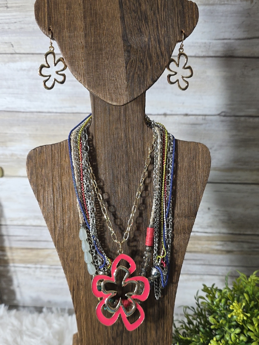 Multicolor Layered Flower Pendant Necklace and Earrings Set - Pink Accent